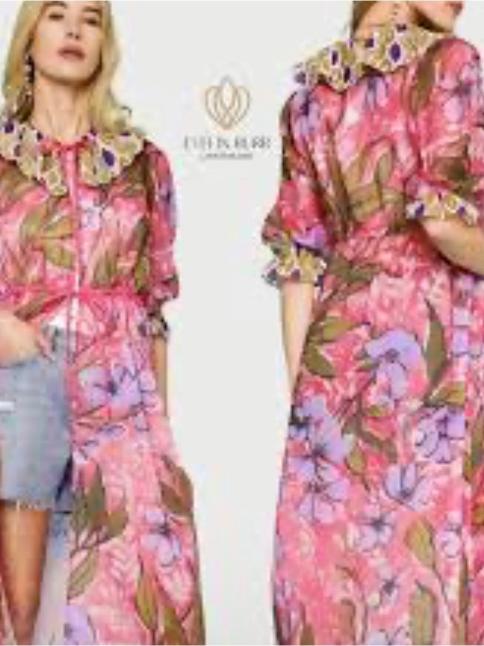 Pink Floral Maxi Cape Jacket with Contrast Ruffled Collar